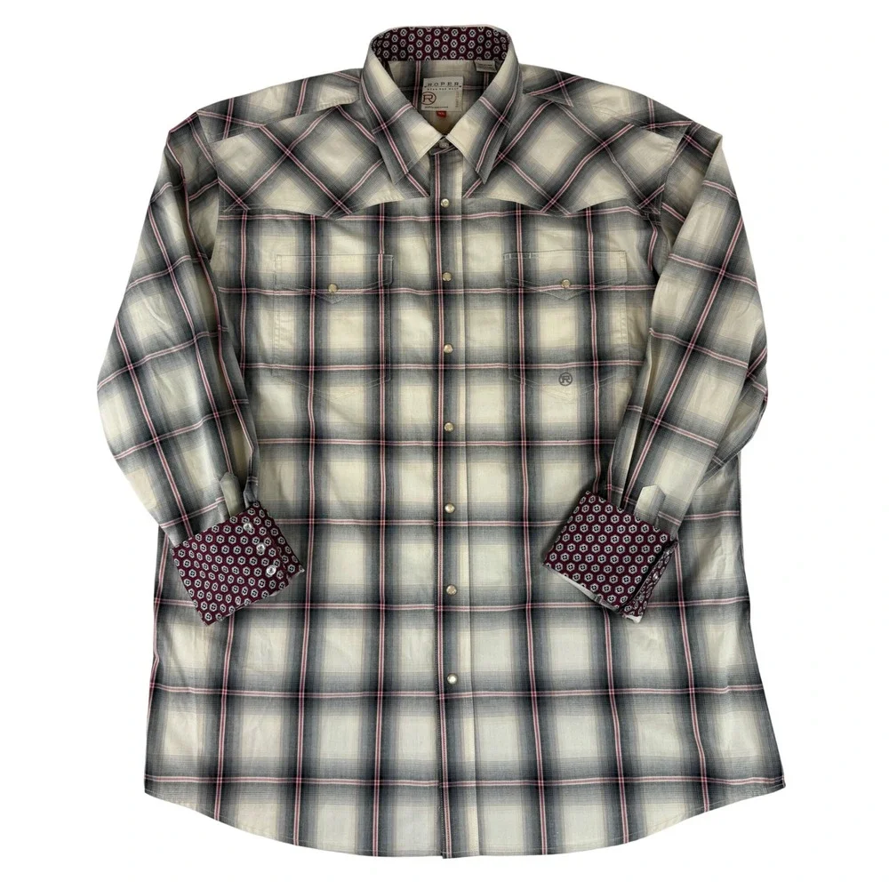 Roper Western Pearl Snap Shirt Mens XL Cream Black Red Plaid Long Sleeve Cotton